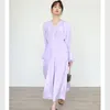 Casual Dresses French Midi Dress For Women Temperament Drawstring Waist V-neck Flared Sleeve Mid-length Skirts Purple F