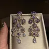 Boucles d'oreilles pendantes de haute qualité en Zircon violet, boucles d'oreilles de mariage en zircone cubique pour femmes, accessoires de mariée, bijoux de robe de soirée