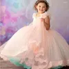 Robes de fille rose robe à fleurs col en V dentelle sans manches pour mariage anniversaire robe de bal jupe à plusieurs niveaux première sainte Communion enfants