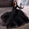 Party Dresses Sexy Black Velvet Evening Long Sleeves Deep V Neck Pleated A Line Tulle Special Occasion Formal Wear