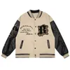 Giubbotti da uomo Giubbotto bomber con fiamma Americano Vintage patchwork in pelle con lettera ricamo giacca a vento oversize streetwear giacche da donna 231204