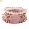 CSJA браслет из натурального камня, розовый кварц, кожаные браслеты для женщин, розовые драгоценные камни, хрустальные бусины, ювелирные изделия в богемном стиле, 5 нитей S308 220232J