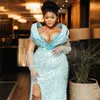 Lussuoso piuma Aso Ebi Promdress Illusioniion Azzurro Sirena Abito da ballo Abiti da sera Secondo ricevimento Compleanno Fidanzamento Abiti da damigella d'onore AM083