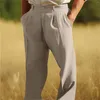 Pantalon pour hommes en lin double poche avant plissée tube droit uni bande d'entraînement 1 petit garçon de maison floue