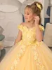Flickaklänningar 3D Applique Flower for Wedding Tulle Off Axel Princess Elegant Dress Long Kids First Holy Communion Ball klänningar