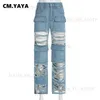 Damenjeans CM.YAYA Damenmode Ripped Hollow Out Quaste Tasche Vorne Safari Style Jeans 2023 Neue Sommer INS Street Denim Hosen Hosen T231204