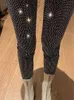 Pantalon femme Taruxy pantalon cristal scintillant pantalon femme automne et hiver taille haute élastique pantalon serré 231204