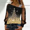 Women's T-Shirt Off Shoulder Women Christmas Blouse Wine Glass Print Xmas Blouse Sequined Splice Mesh Long Sleeve Female Tops Blusa Mujer T231204