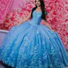 Sky Blue Shiny Quinceanera Dress Lace Applique Sequins Beading Off the Shoulder Mexican Sweet 16 Vestidos de XV 15 Anos