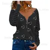 여자 티셔츠 봄과 가을 패션 여성의 인쇄 된 지퍼 V- 넥 긴 소매 캐주얼 블라우스 느슨한 탑 셔츠 T231204
