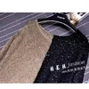 Women's Sweaters 2023 Autumn/winter Hollowed Sequins Intercolor Medium Long Sweater Loose Large Size Gold Line Bright Silk Base Skirt