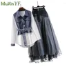 Arbetsklänningar Kvinnor 2023 Spring Fall Fashion Denim Shirt Mesh Midi kjol Två stycke koreansk elegant långärmad blusklänning matchande uppsättning