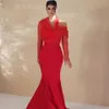 Fashion Halter Mermaid Evening Dresses 2024 Ruched Tulle Sheer Sleeve Red Celebrity Dress Sweep Train Satin Formal Gown