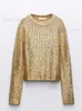 Kvinnors tröjor Fashion Gold O Neck Sweaters for Women Causal Slim Long Sleeve Knit Pullover 2023 Autumn Winter New Office Ladies Jumpers T231204