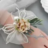 Charm Armbanden Stof Hand Bloemen Vrouwen Bruidsmeisje Bloem Pols Corsage Bruids Prom Party Boutonniere Satijn Roos Parel Armband Bruiloft