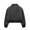 Frauen Leder Imitation Zipper Tasche Bomber Jacke Mantel Frauen Einfarbig Schwarz Langarm Grundlegende 2023 Herbst Und Winter Wome