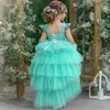 Flickaklänningar Flower Girls Dress Lace Beads Puffy Tulle Assymetrical Princess Baby Prom For Wedding Birthday Party Evening Gown