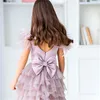 Kız Elbiseler Çocuklar Sürpriz Doğum Günü Şimdiki Güzel Tül Dantel Baskılı Tüy Çiçek Elbise Prenses Top İlk Cemaat