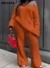 Women's Two Piece Pants CM.YAYA Knit Ribbed Women's Set Long Sleeve V-neck Sweater and Wide Leg Straight Pants 2023 INS Two 2 Piece Set Outfit Tracksuit T231204