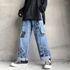 Mäns jeans hiphop män kvinnor harajuku streetwear lösa breda ben rak casual denim byxor unisex tecknad anime manga tryckbyxor