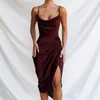 Casual Kleider Prowow Sexy Frauen Mid Kleid Einfarbig Satin Saum Schlitz Geburtstag Party Club Tragen 2023 Design Falten Für dame