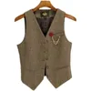 Heren Vesten Mannen Vrouwen Vest Bruin V-hals Visgraat Tweed Jas Vintage Voor Bruiloft Bruidegom Banket Werk Set vest