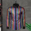 Camisas de vestido masculinas Club Dance Homens Camisa Lantejoulas Stand Collar para Disco Stage Desempenho Brilhante Suave Top Vintage com Longo