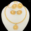 Necklace Earrings Set African Gold Color Jewelry For Women Round Pendant And Clip With Bangle Ring Daily Party Jewellry
