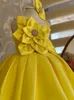 Abiti da ragazza Abito da festa floreale per ragazza in raso giallo Elegante spalla-spalla al ginocchio Compleanno per spettacolo per bambini 1-14 anni