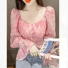 Blouses Femmes Sexy Kawaii Doux Col Carré Imprimer Party Club Crop Tops Pour Femmes Mode Plissée Slim Manches Longues Chic Chemises En Mousseline De Soie