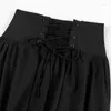 Saias Medieval Retro Gótico Lace-up Plissado Preto Longo para Mulheres Elegantes Marinha Cintura Alta Grande Swing Patchwork A-Line Goth Saia