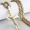 Pendant Necklaces Gold Color Fish Bone Pattern Cross Necklace Men Stainless Steel Crucifix Jesus Link Chain Catholic Jewelry GiftP258W