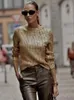 Kvinnors tröjor Fashion Gold O Neck Sweaters for Women Causal Slim Long Sleeve Knit Pullover 2023 Autumn Winter New Office Ladies Jumpers T231204