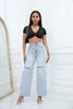 Frauen Casual Jeans Flare Hosen Knie Löcher Vintage Mittlere Taille Fit Weibliche Gerade Hosen Hohe Qualität Kostenloser Versand