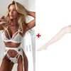 Seksowny zestaw 4-częściowy zestaw bielizny dla kobiet+długie skarpetki+G-String Bra Lenceria Transparent Secomless Sexy Seksowna bielizna dla damskiego stanika push up Set 231205