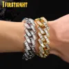 Catena ghiacciata Bling CZ Uomo Donna Bracciale Argento Colore 19mm Rettangolo Polo Cubano Link Fascino Bracciale Hip Hop Rock Gioielli di moda 231205