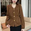 Women's Blouses Elegant O-Neck Solid Color All-match Folds Shirt Female Clothing 2023 Autumn Oversized Casual Tops Loose Asymmetrical Blouse