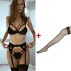 Seksowny zestaw 4-częściowy zestaw bielizny dla kobiet+długie skarpetki+G-String Bra Lenceria Transparent Secomless Sexy Seksowna bielizna dla damskiego stanika push up Set 231205