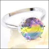 Solitaire Ring 6 stks/partij Nieuwe Ronde Regenboog Bi-gekleurde Toermalijn Zirkoon Edelstenen 925 Sterling Sier Plated Vrouwen Trouwring Sieraden usa S Dhaa4