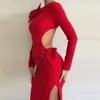 Casual Dresses Red Bow O-Neck Slim Club Party Women's Elegant Hollow Out Split Maxi Dress Fashion Office Lång ärm Tight A-Line