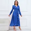 Vintage Silk Satin Party Blue Backless Dress Robe Lantern Sleeve Woman Designer V-Neck Slim Ruffle Ruched Vacation Dresses 2023 Spring Fall Elegant Fit Runway Frocks