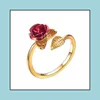 Bagues de bande Femmes Bague Rouge Rose Jardin Fleur Feuilles Ouvert Doigt Redimensionnable Pour Saint Valentin Cadeau Bijoux Drop Livraison Dhzqg