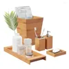 Badtillbehör Set Bamboo Accessories-5-Piece Natural Wood Tray Lotion Dispenser Soap Dish Tandborste Holder WasteBasket-Bathroom