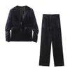 Femmes deux pièces pantalon taille haute tube droit velours pantalon ensemble monochromatique plissé costume décontracté manteau mode hiver 231204