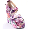 Sandálias beleza flor pano peep toe cunha plataforma tornozelo cinta gladiador recorte floral cores misturadas sapatos mulher