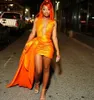 Sexy Orange Prom Dress 2024 With Deep V Neck Side Train Mini Cocktail Party Dresses Pleats Simple Black Girls Formal Gowns To Birthday Robe De Soiree