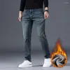 Men's Jeans Winter Fleece Slim Straight Retro Washed Elastic Cotton Black Blue Denim Pants Fashion Korean Brand Clothing