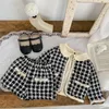 Conjuntos de roupas Primavera Outono Bebê Menina 2 Pcs Set Collarless Manga Longa Único Breasted Tweed CoatShorts Nascido Roupas de Moda E23077 231204