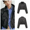 Kvinnors jackor 2023 Pocket Decoration Black Imitation Leather Shirt Jacket