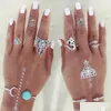 Band Rings 8 Pcs/Set Vintage Ring Set Punk Bohemian Midi Rings For Women Tibetan Sier Turquoise Elephant Snake Knuckle Drop Delivery J Dh7Np